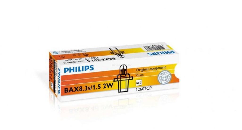12602CP Автолампа 12V 2W BAX8,3s/1.5 (голубой патрон) Philips
