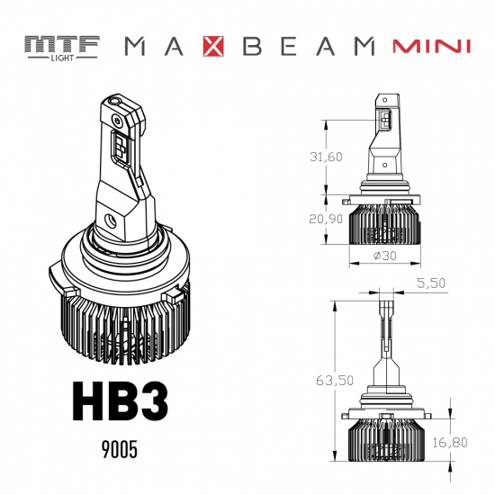 Светодиодные лампы MTF Light серия MaxBeam Mini HB3(9005), 12V, 45W, 4500lm, 6000K, кулер, комплект