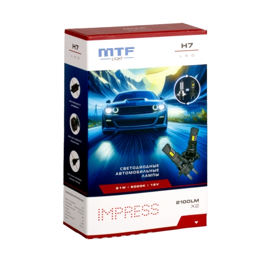 Светодиодные лампы MTF Light серия Impress H7, 12V, 24W, 2100lm, 6000K, размер штатной лампы, комплект