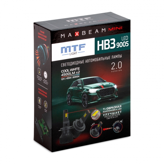 Светодиодные лампы MTF Light серия MaxBeam Mini HB3(9005), 12V, 45W, 4500lm, 6000K, кулер, комплект