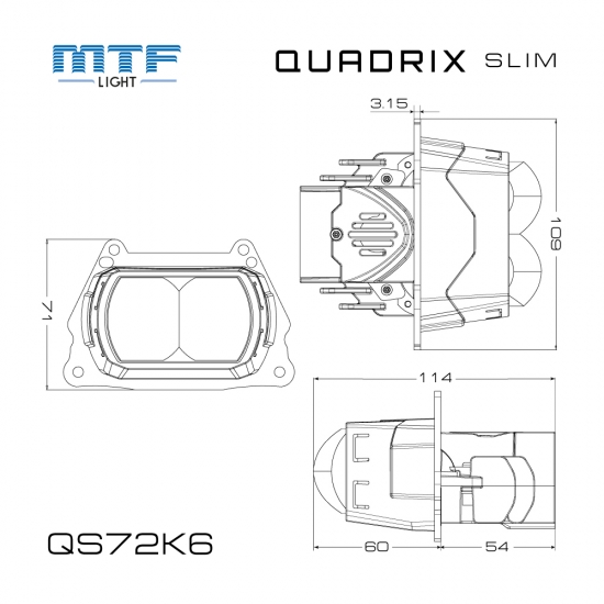 Светодиод модули ближ/дал света MTF LIGHT серия QUADRIX SLIM, 2 линзы, 12V, 70W, 4750LM, 6000К, к-т.